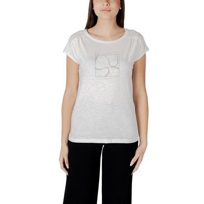 Woman wearing Street One White Cotton T-Shirt with gathered shoulders, showcasing versatility and elegance, paired with black trousers.