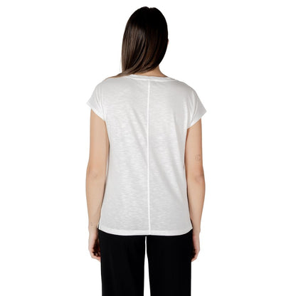 Back view of Street One White Cotton T-Shirt with gathered shoulder detailing, paired with black trousers.