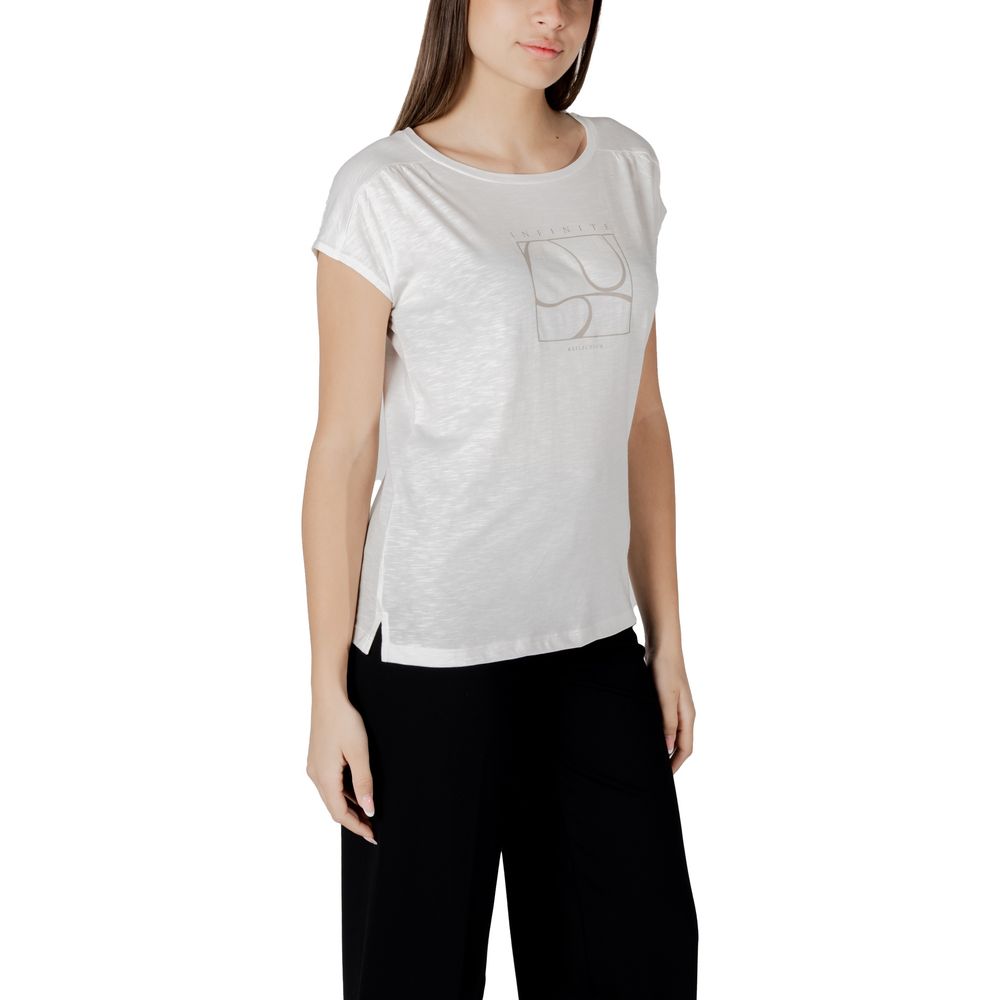 Street One White Cotton T-Shirt with short sleeves and gathered shoulder detailing, worn by model with black trousers.