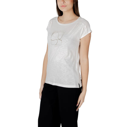 Woman wearing Street One White Cotton T-Shirt with gathered shoulders, styled with black trousers, showing elegance and comfort.