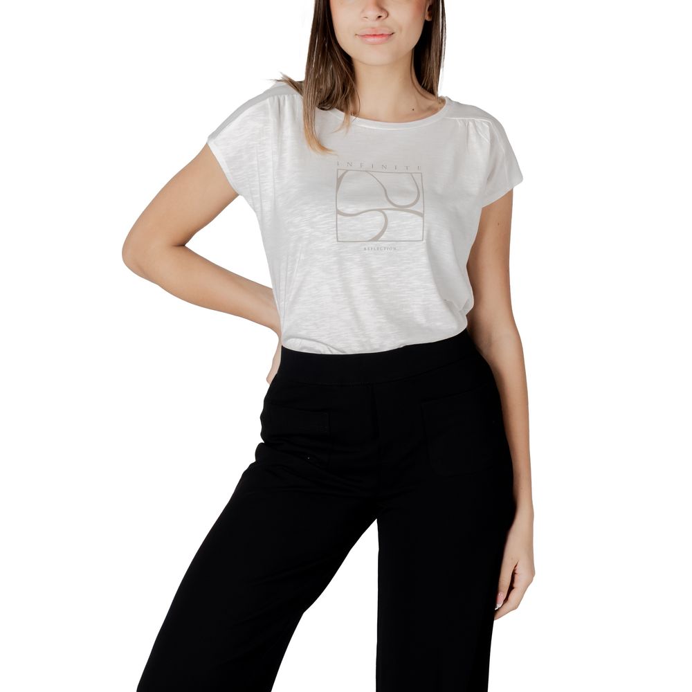Model wearing Street One White Cotton T-Shirt with gathered shoulder design, paired with black trousers, showing versatility and comfort.