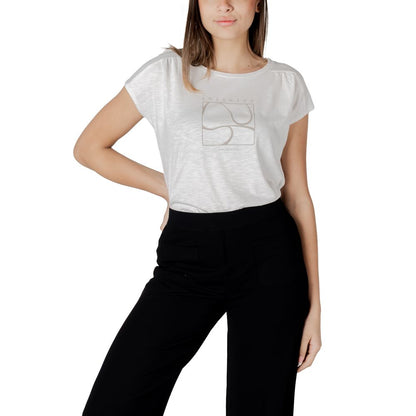 Model wearing Street One White Cotton T-Shirt with gathered shoulder design, paired with black trousers, showing versatility and comfort.
