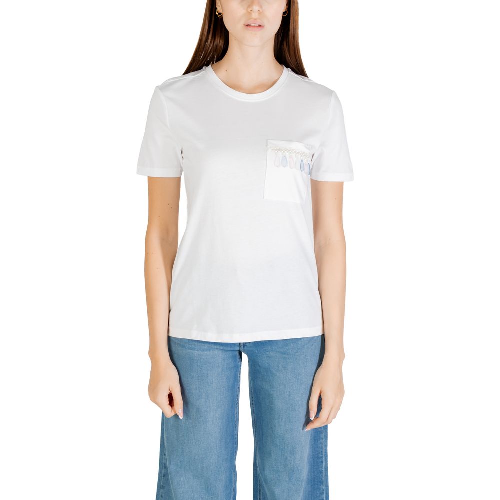 Woman wearing Only White Organic Cotton T-Shirt with pocket detail.