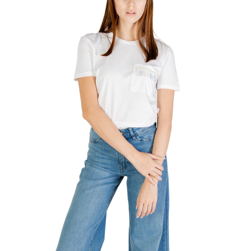 Woman wearing Only White Organic Cotton T-Shirt with pocket detail and blue jeans, perfect for casual outings and everyday comfort.