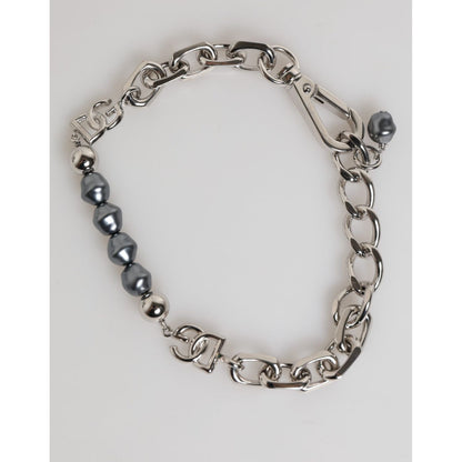 Dolce & Gabbana Silver Tone Chain Lobster Clasp Logo Gray Pearls Bracelet with signature DG logo, elegant and contemporary design.