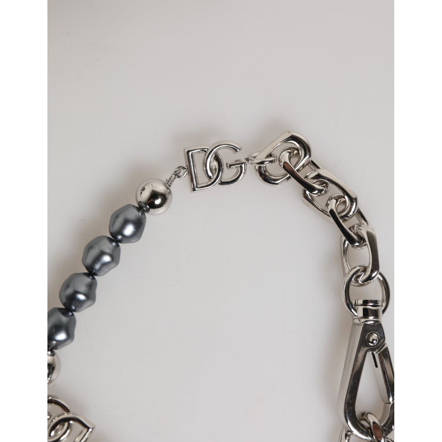 Dolce & Gabbana Silver Tone Chain Lobster Clasp Logo Gray Pearls Bracelet detail