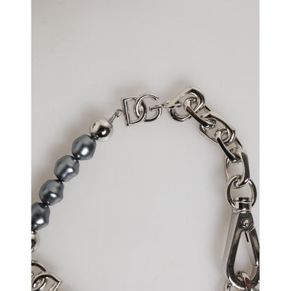 Dolce & Gabbana Silver Tone Chain Lobster Clasp Logo Gray Pearls Bracelet detail