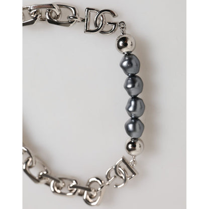 Dolce & Gabbana Silver Tone Chain Lobster Clasp Logo Gray Pearls Bracelet with DG logo and dark pearls