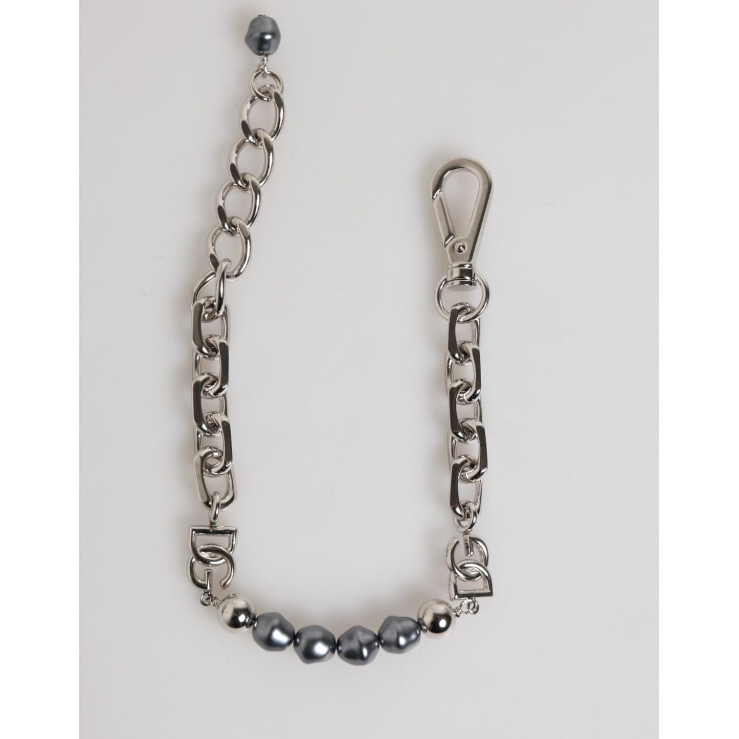 Dolce & Gabbana Silver Tone Chain Lobster Clasp Logo Gray Pearls Bracelet showcasing elegant gray pearls and polished metal links.
