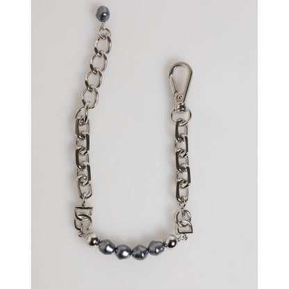 Dolce & Gabbana Silver Tone Chain Lobster Clasp Logo Gray Pearls Bracelet showcasing elegant gray pearls and polished metal links.
