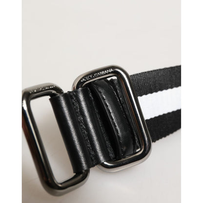 Dolce & Gabbana Black White Striped Logo Metal Buckle Belt