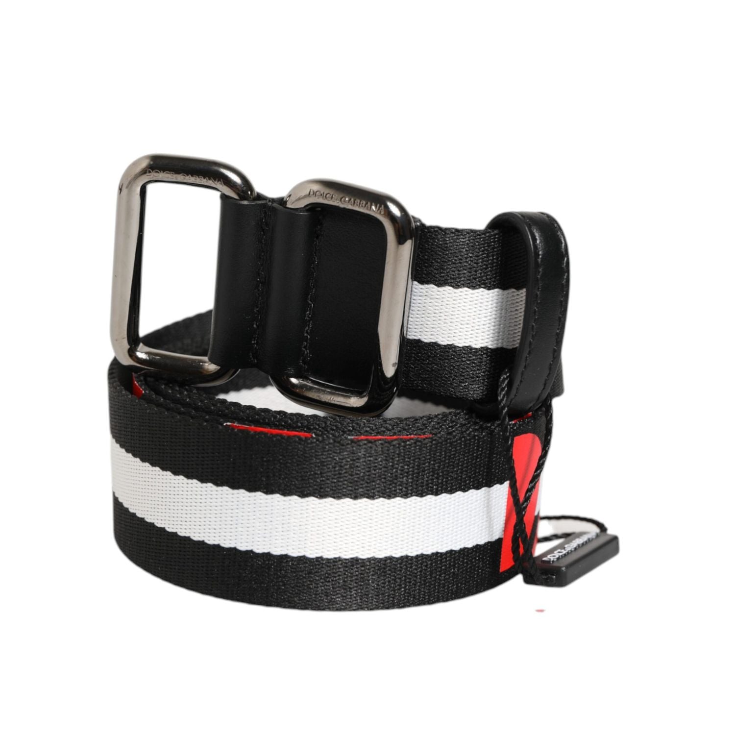 Dolce & Gabbana Black White Striped Logo Metal Buckle Belt