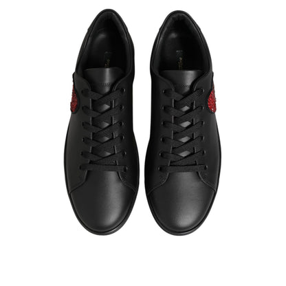 Dolce & Gabbana Black Leather Crystal Heart Sneakers Shoes