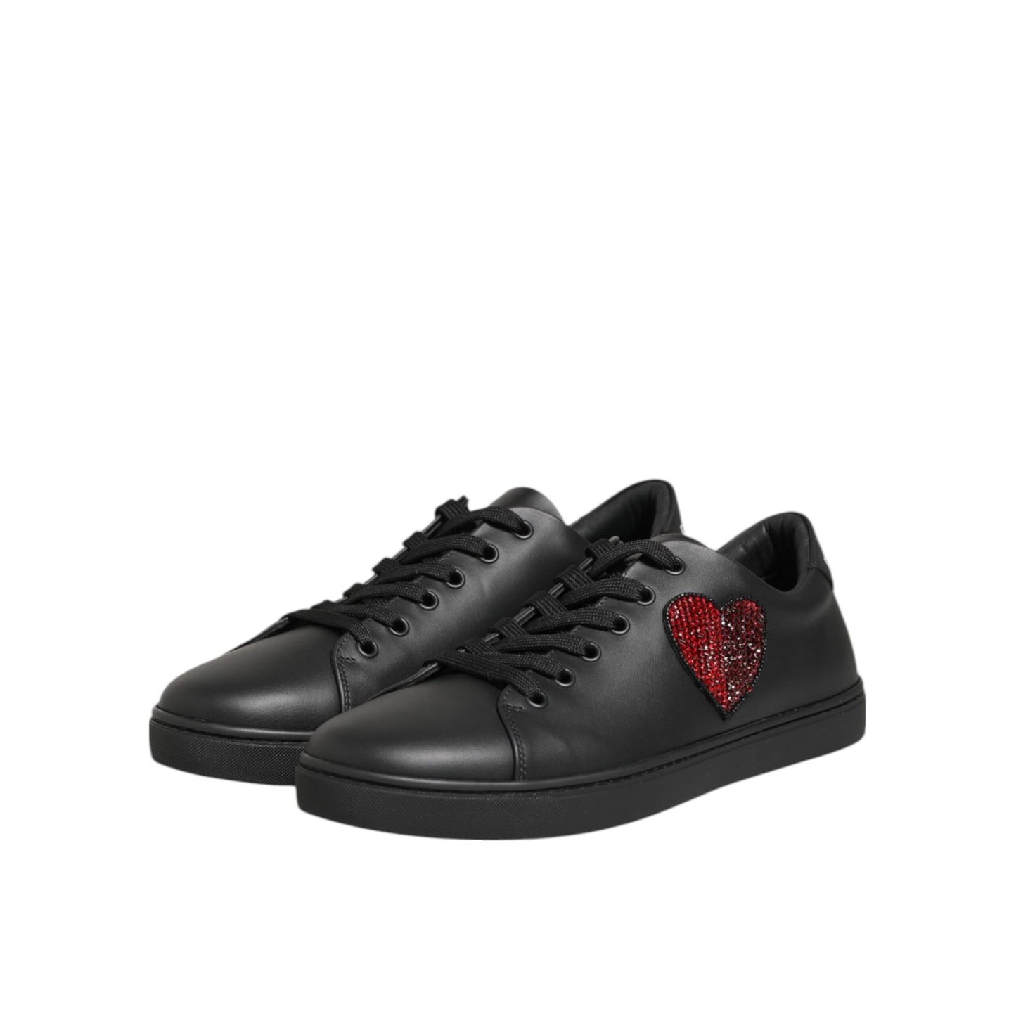 Dolce & Gabbana Black Leather Crystal Heart Sneakers Shoes