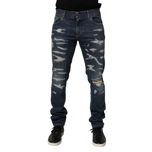 Dolce & Gabbana Blue Tattered Cotton Skinny Men Denim Jeans
