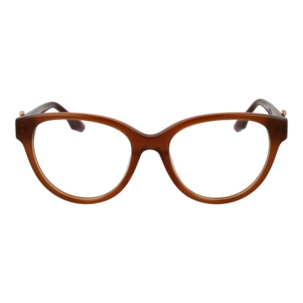 Trussardi Brown Acetate Glasses (Frames) for women, full-rim butterfly style, 53-18-145 size, with demo plastic lenses and spring hinge.