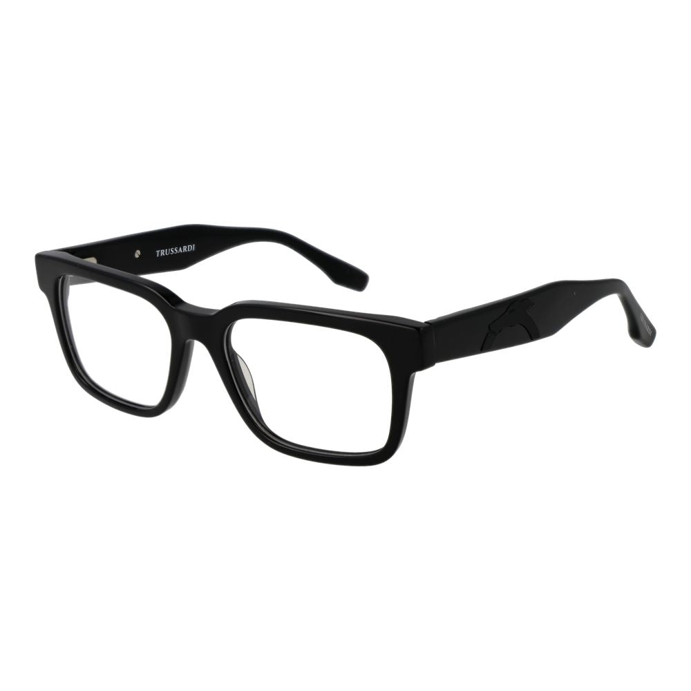 Trussardi Black Acetate Glasses (Frames) full-rim unisex design with black acetate frame, demo plastic lenses, and spring hinge.