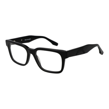 Trussardi Black Acetate Glasses (Frames) full-rim unisex design with black acetate frame, demo plastic lenses, and spring hinge.