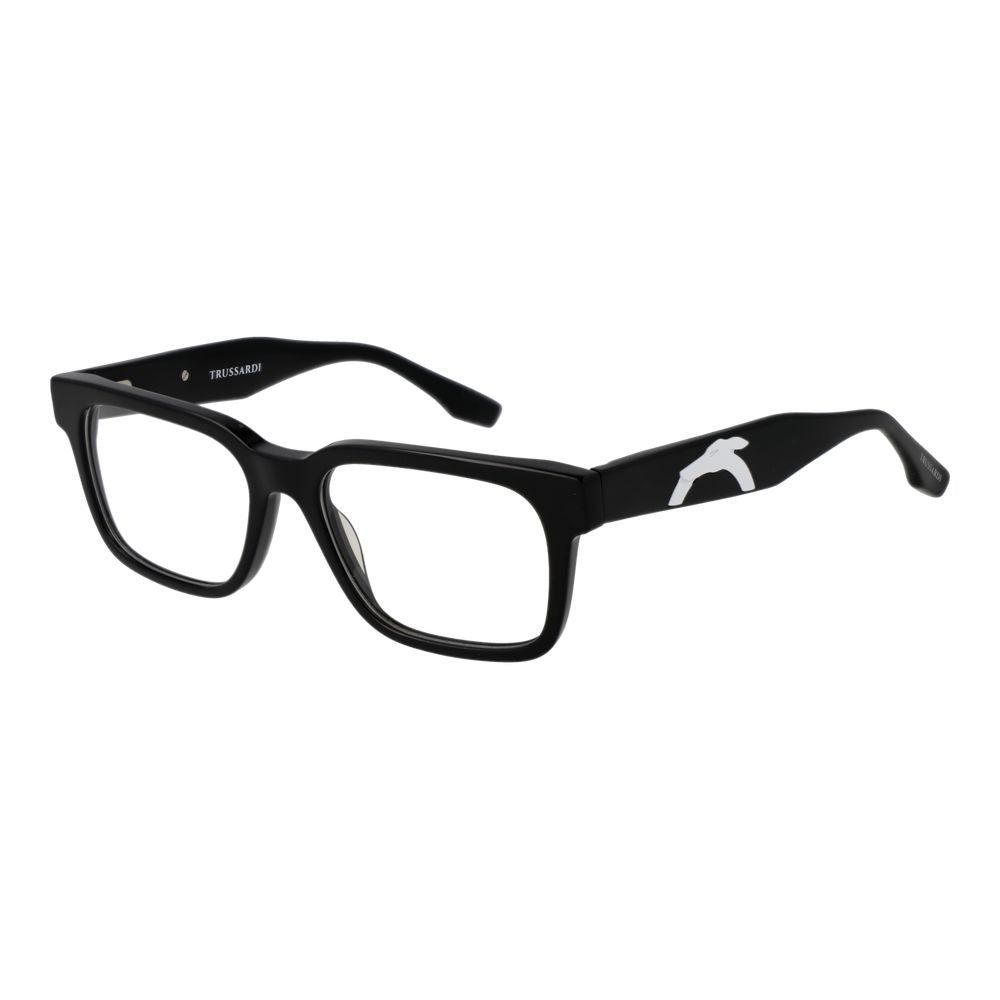 Trussardi Black Acetate Glasses (Frames) unisex full-rim, black acetate, rectangle style with demo lenses and branded case included.