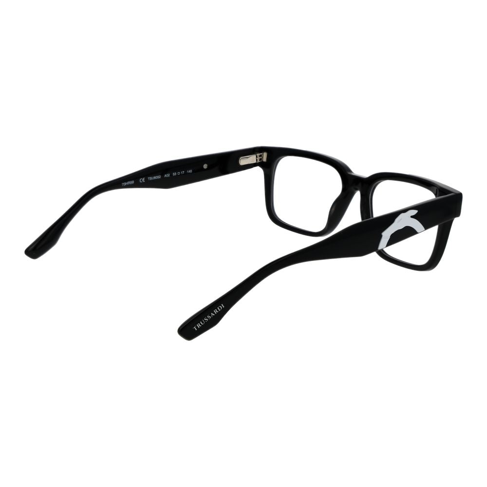 Trussardi Black Acetate Glasses (Frames) unisex full-rim rectangle style with plastic demo lenses and spring hinge, 53-17-145 size.