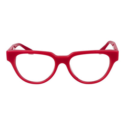 Trussardi Red Acetate Glasses (Frames) for women with full-rim panto style, spring hinge, and demo lenses in red, size 53-17-145.