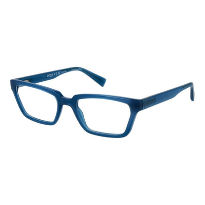 Guess Blue Plastic Glasses (Frames), unisex full-rim rectangular design with blue plastic frames and demo lenses, length 145mm.