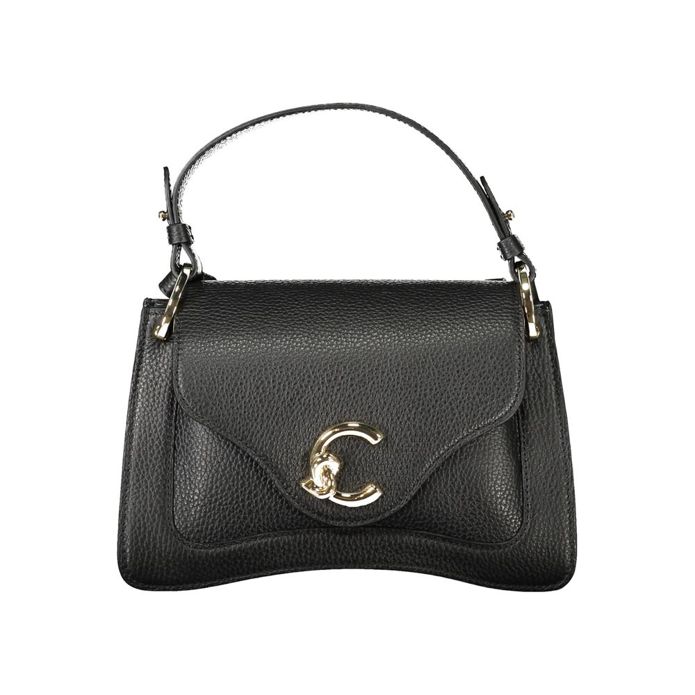 Coccinelle Black Leather Handbag with adjustable shoulder strap, snap closure, and logo detail.