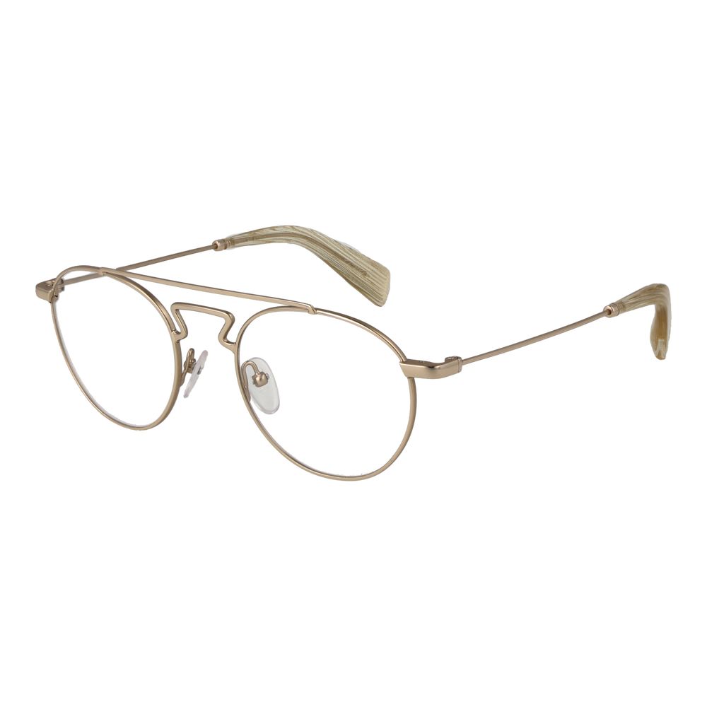 Yohji Yamamoto Gold Metal Glasses (Frames) for men, aviator style with full-rim, gold metal frame and demo plastic lenses, includes soft case.
