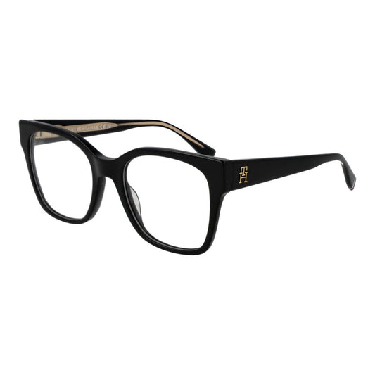 Tommy Hilfiger Black Acetate Glasses (Frames); full-rim rectangle design for women with a branded case and spring hinge, black acetate material.