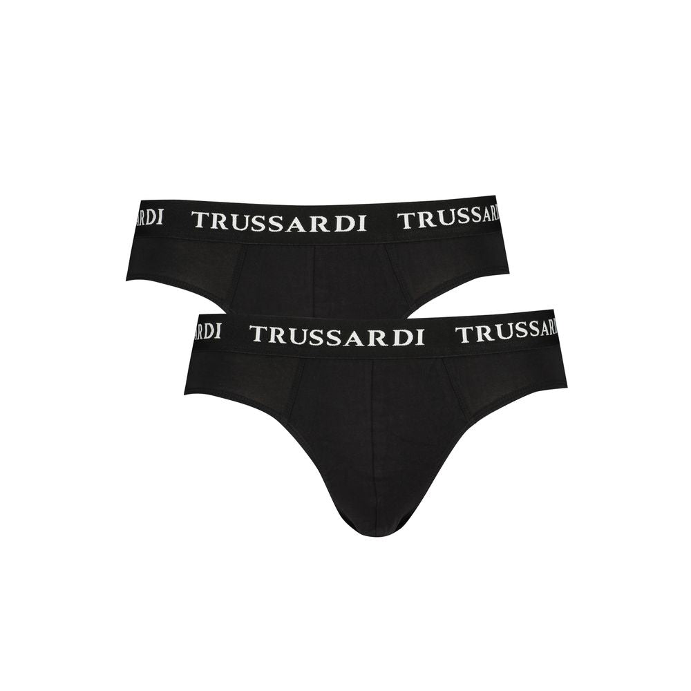 Trussardi Black Cotton Underwear bi-pack with branded elastic waistband and logo print, featuring slip design.