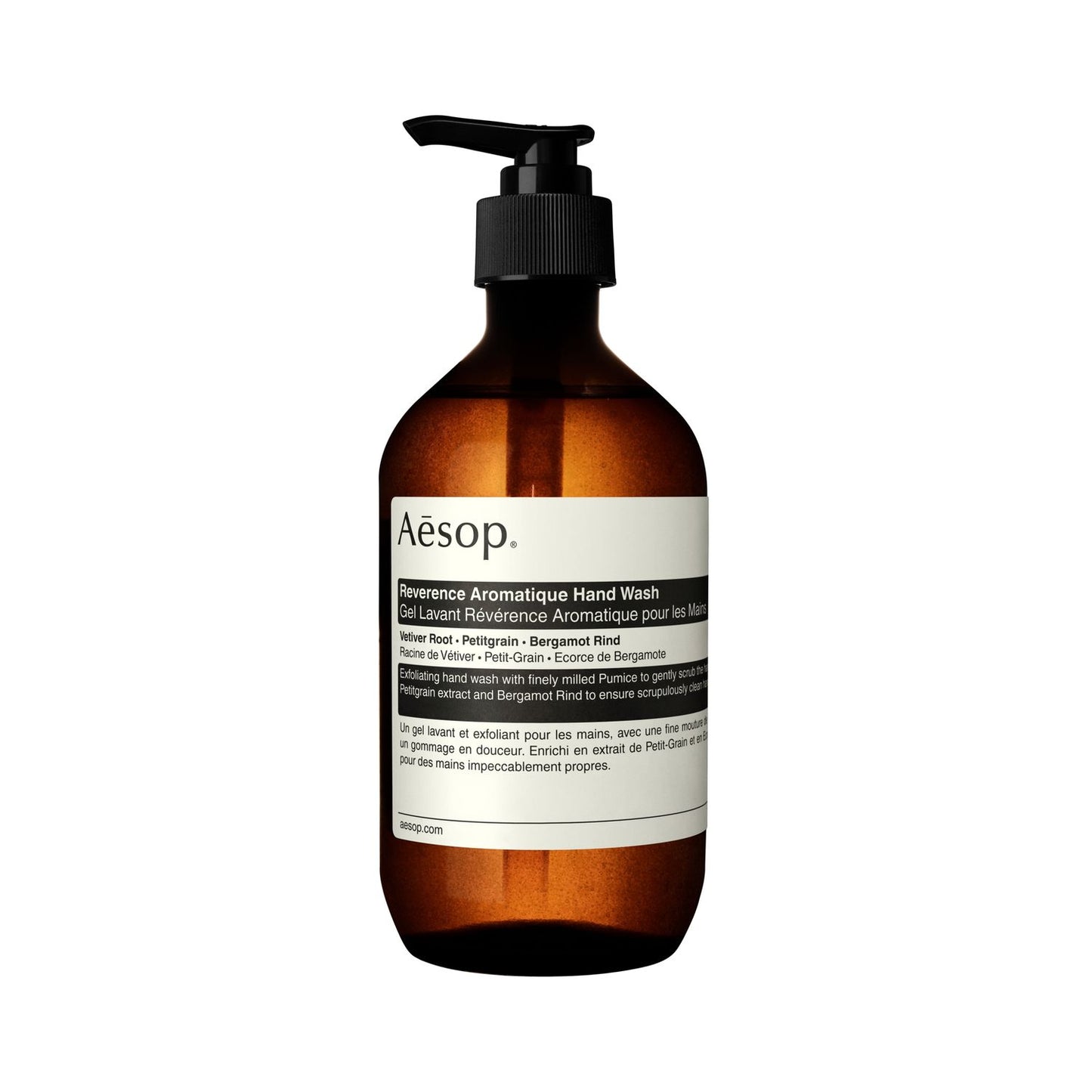 AESOP Reverence Aromatique hand wash 500ml bottle with pump dispenser, featuring aromatic blend for hand care and cleanliness.