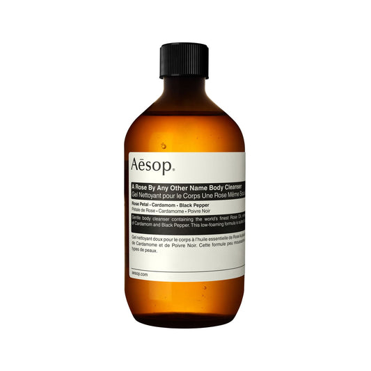 AESOP body cleanser - A Rose By Any Other Name 500ml bottle with cardamom and black pepper scent, amber packaging.
