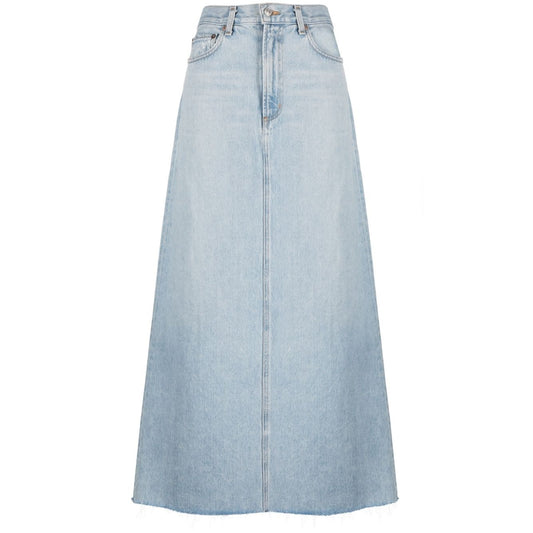AGOLDE PRE Skirts Clear Blue: light blue maxi denim skirt with frayed edge, mid-rise, and classic five pockets.