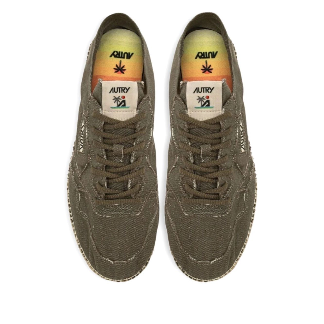 Top view of AUTRY Sneakers Green with green canvas, jute sole, and lace-up fastening, showcasing the flat sole and almond toe design.