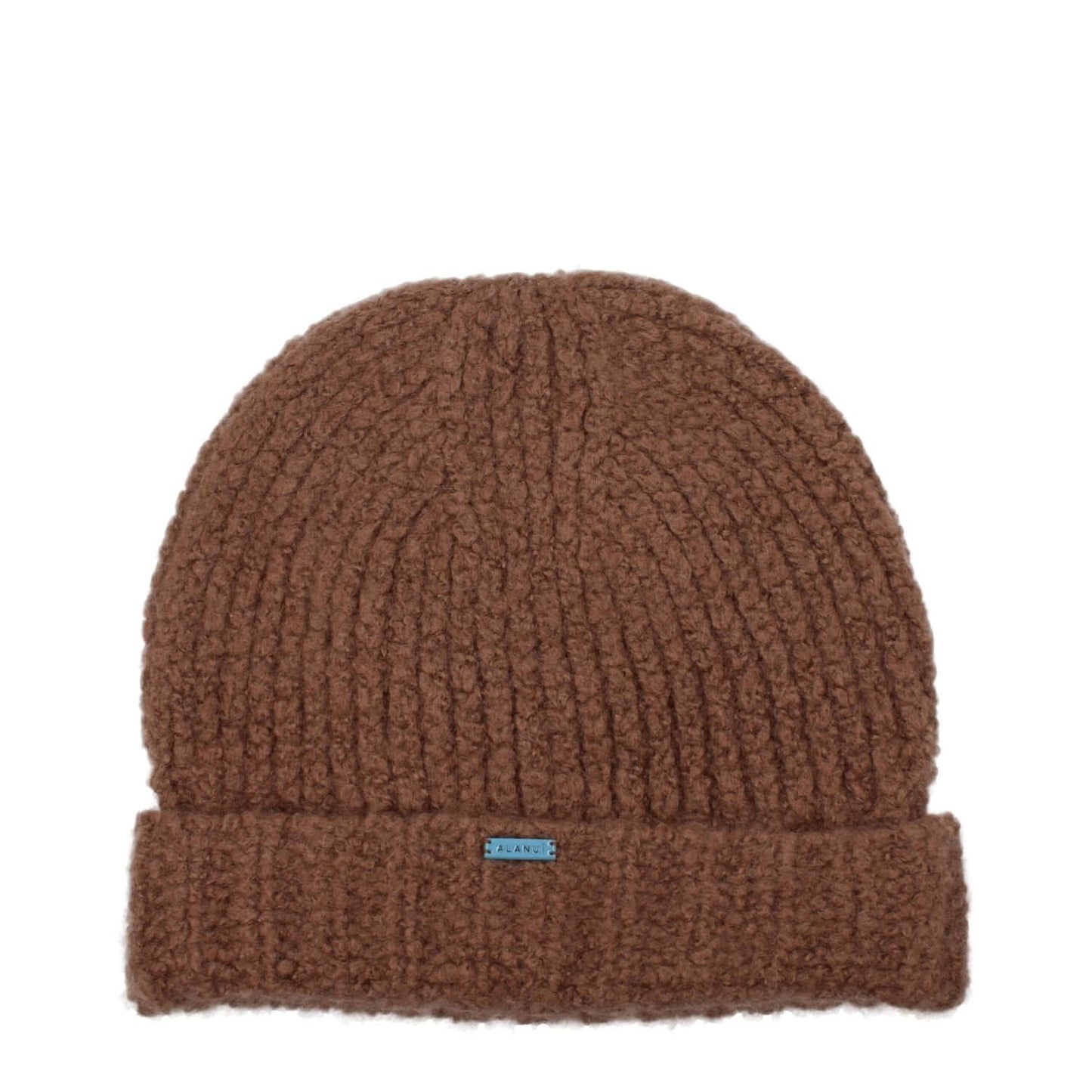Alanui Brown Cashmere Beanie with front logo, casual style, composed of 90% cashmere and 10% silk.