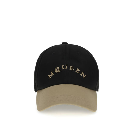 Alexander McQueen Black Cotton Cap (Baseball Hat) featuring beige embroidered logo and adjustable leather closure for AW25 season.