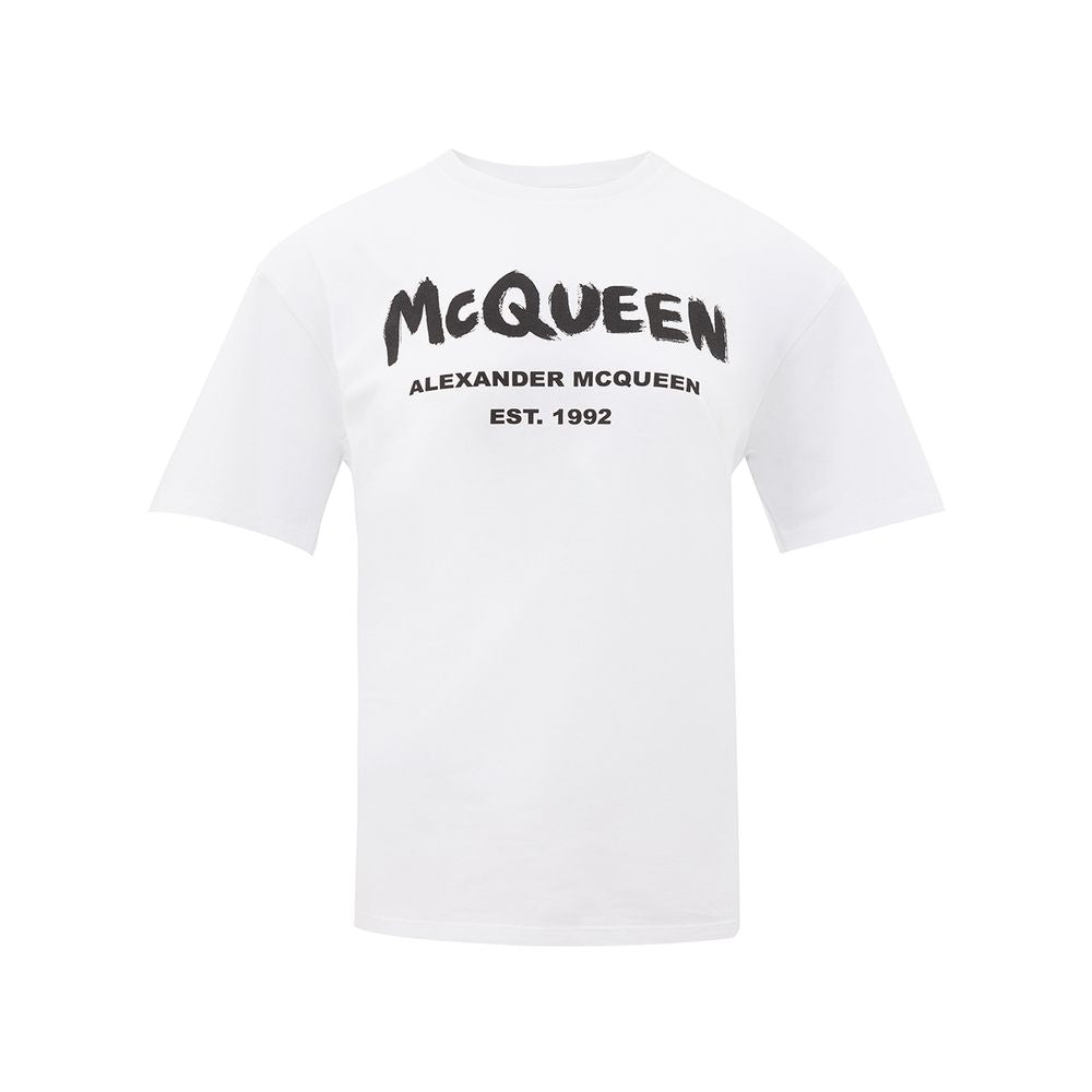 Alexander McQueen White Cotton T-Shirt with crew neck and logo print, European size 36, product SKU 23FEB95-97.