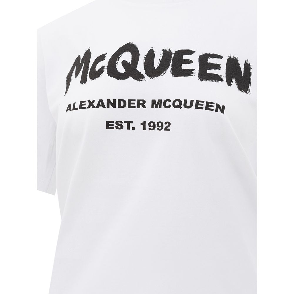 Alexander McQueen White Cotton T-Shirt with logo print, crew neck, short sleeves, regular fit, European size 36.