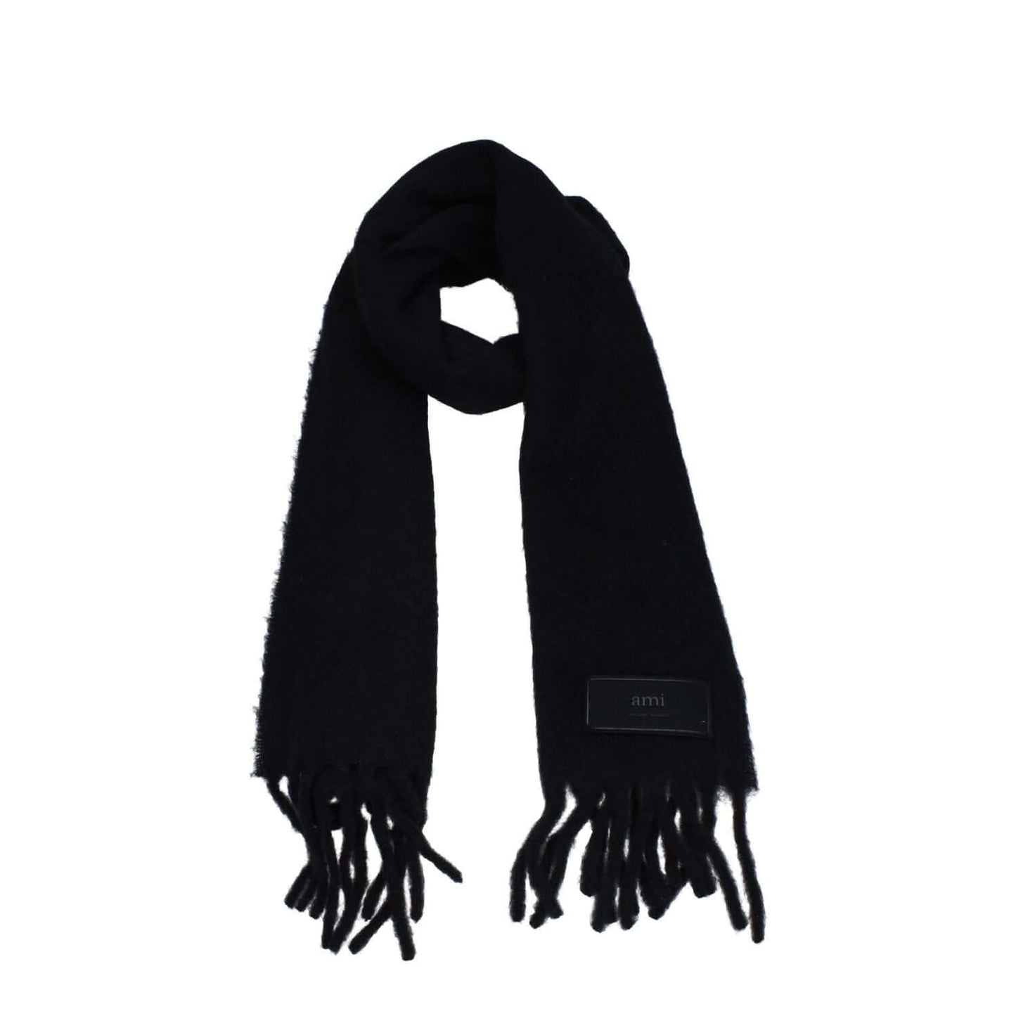 Ami Paris Black Leather Scarf with fringes and side logo, alpaca material, measuring 38x200 cm