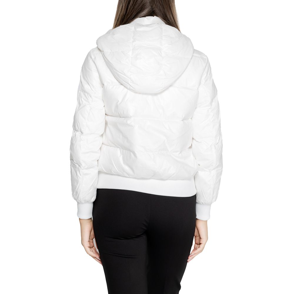 Back view of Armani Exchange White Polyamide Coat with quilted design and hood, emphasizing contemporary style and functionality.