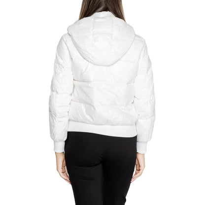 Back view of Armani Exchange White Polyamide Coat with quilted design and hood, emphasizing contemporary style and functionality.
