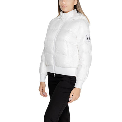 Armani Exchange White Polyamide Coat, women's down jacket with quilted design and AX logo on sleeve, front view.