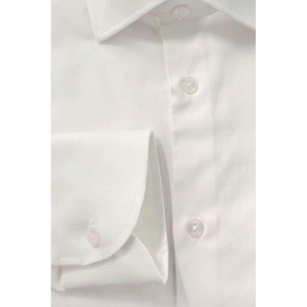 Close-up of Baldinini Trend White Cotton Men's Shirt with French collar and button closure, showcasing Italian craftsmanship.