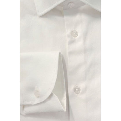 Close-up of Baldinini Trend White Cotton Men's Shirt with French collar and button closure, showcasing Italian craftsmanship.