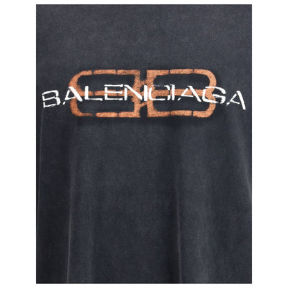 Balenciaga Gray Cotton T-Shirt with ribbed crew neck and front printed logo featuring minimalist design, made from soft cotton in Portugal.