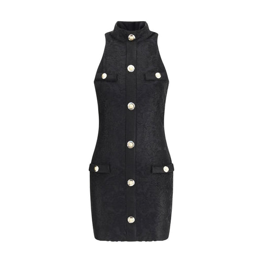 Balmain Black Viscose Cocktail Dress with gold buttons, baroque pattern, and slim fit, featuring American collar and back zipper closure.