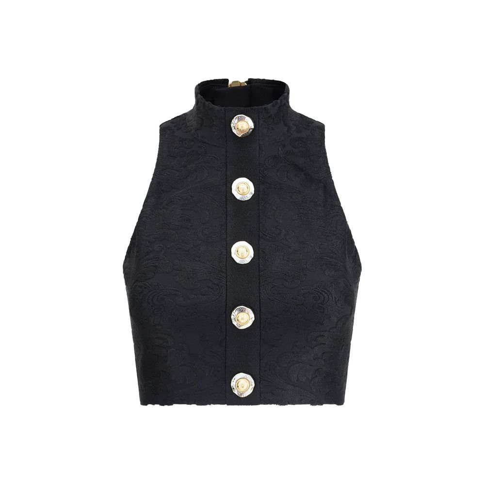 Balmain Black Viscose Top with baroque pattern and gold buttons, AW25 collection.