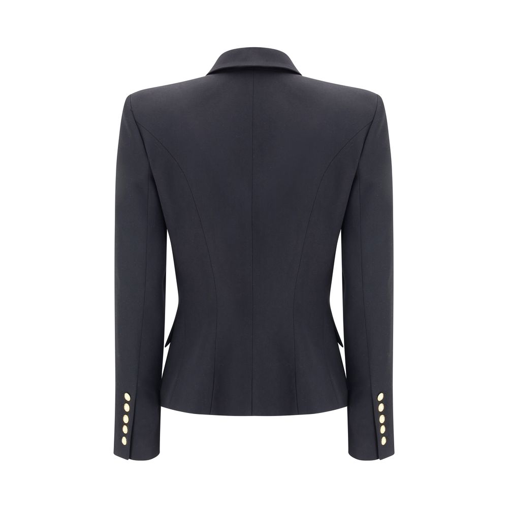 Back view of Balmain Black Wool Blazer with embossed buttons and wide peaked lapels, showcasing elegant cropped design, AW25 collection.