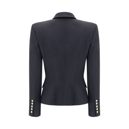 Back view of Balmain Black Wool Blazer with embossed buttons and wide peaked lapels, showcasing elegant cropped design, AW25 collection.