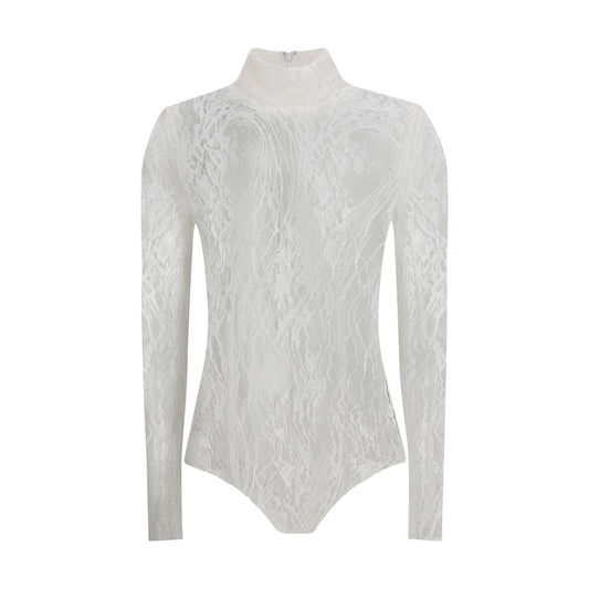 Balmain White Cotton Top, sheer lace bodysuit with high neck, zip back, buttoned briefs, AW25 collection, bold and feminine style.